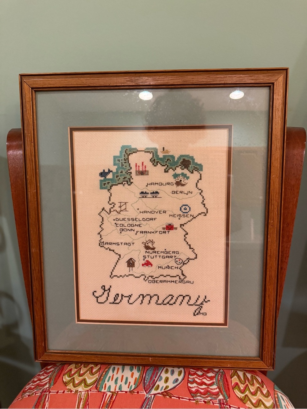VTG Framed Finished Cross Stitch Piece Germany Map under glass 14 1/2 x 17